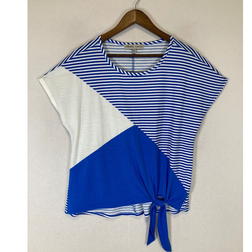 Nautical‎ Absolutely Famous Women Medium Blue White Striped Colorblock Tie Top